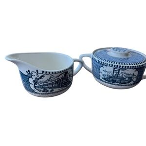 Vintage Currier & Ives Blue & White Double Handed Sugar Bowl w/Lid & Creamer Set